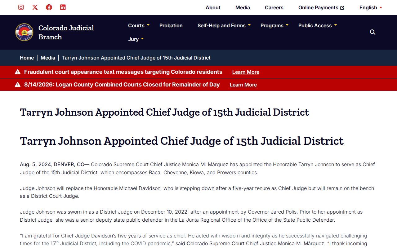Baca County court calendar and Fifteenth Judicial District leadership source
