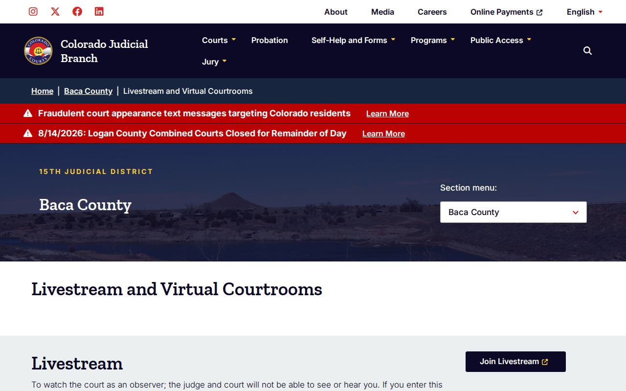 Baca County court calendar virtual rooms A, D, and J