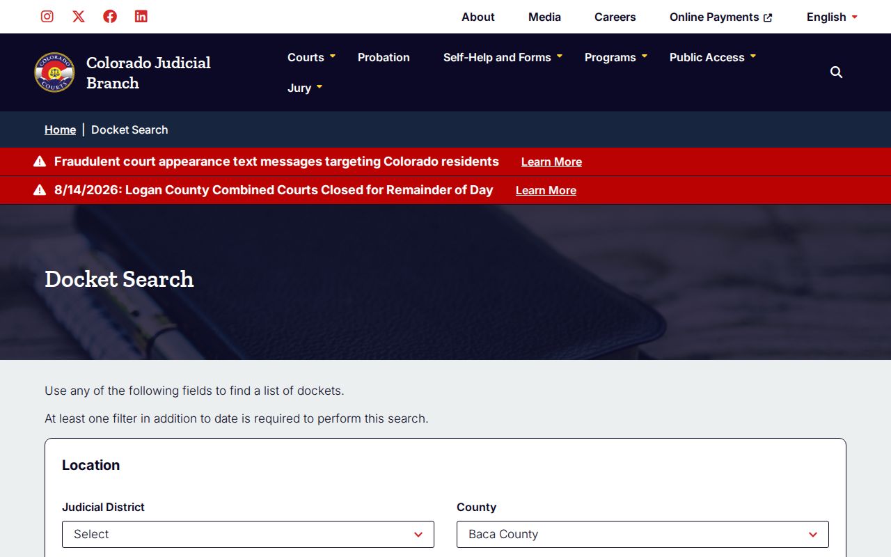 Colorado Judicial Branch Baca County docket search filter