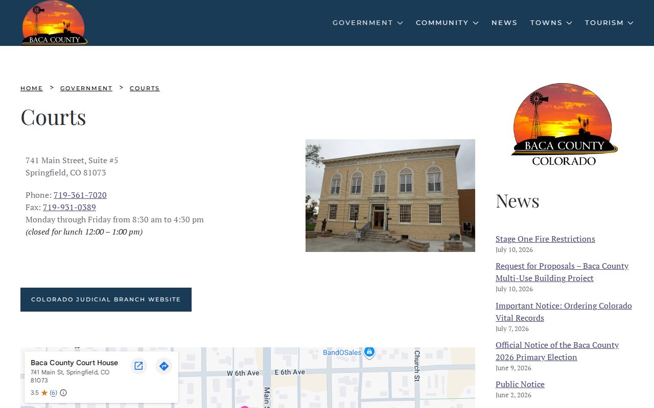 Baca County government courthouse and court contact page