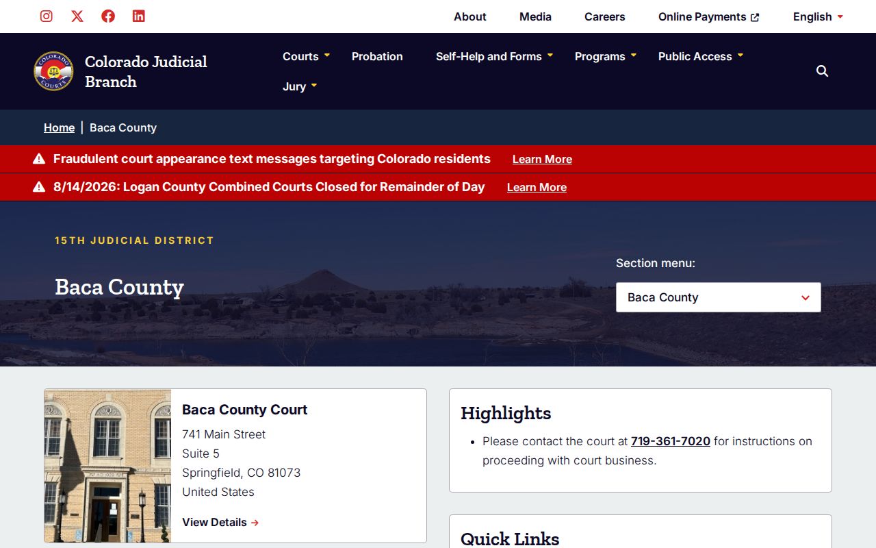 Official Baca County Combined Court page and docket entry point