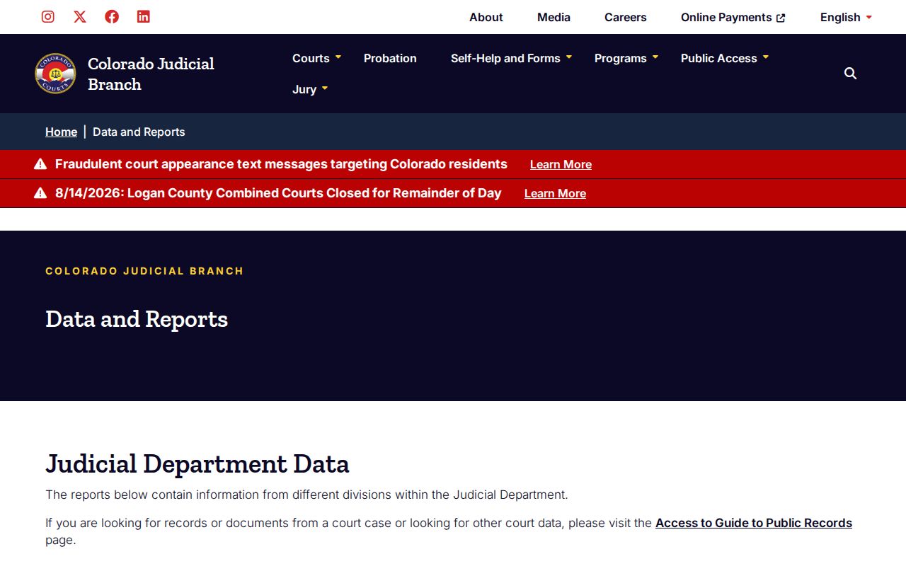Colorado Judicial Branch court data and reports page used for Baca docket context