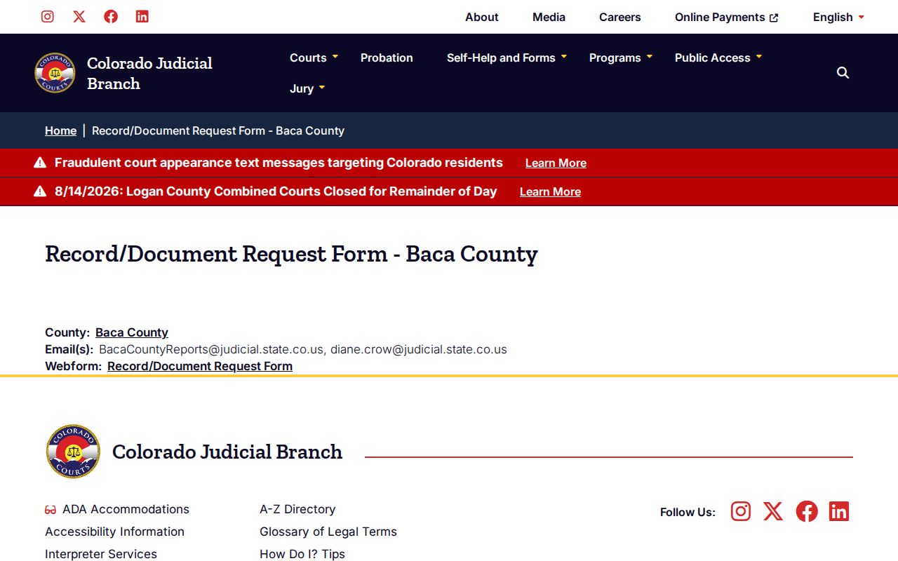 Baca County court record request routing