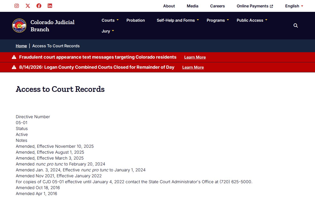 Colorado access policy governing Baca County court records