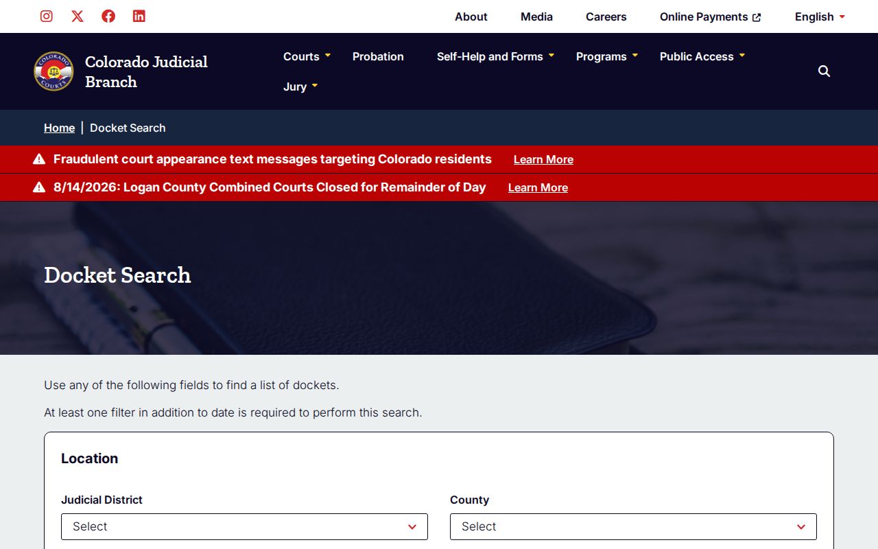 Baca County case lookup filter form in Colorado Docket Search